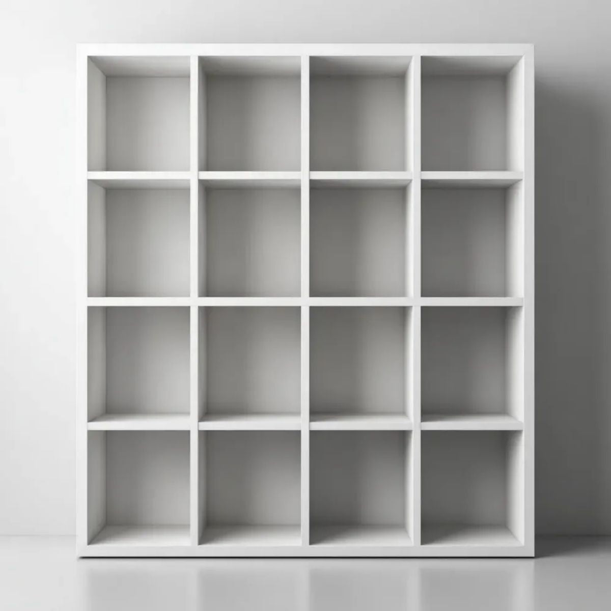 Regał, Biblioteka Biała z 16 pudełkami melaminowanych cząstek stałych, 120 x 30 x 120 cm
