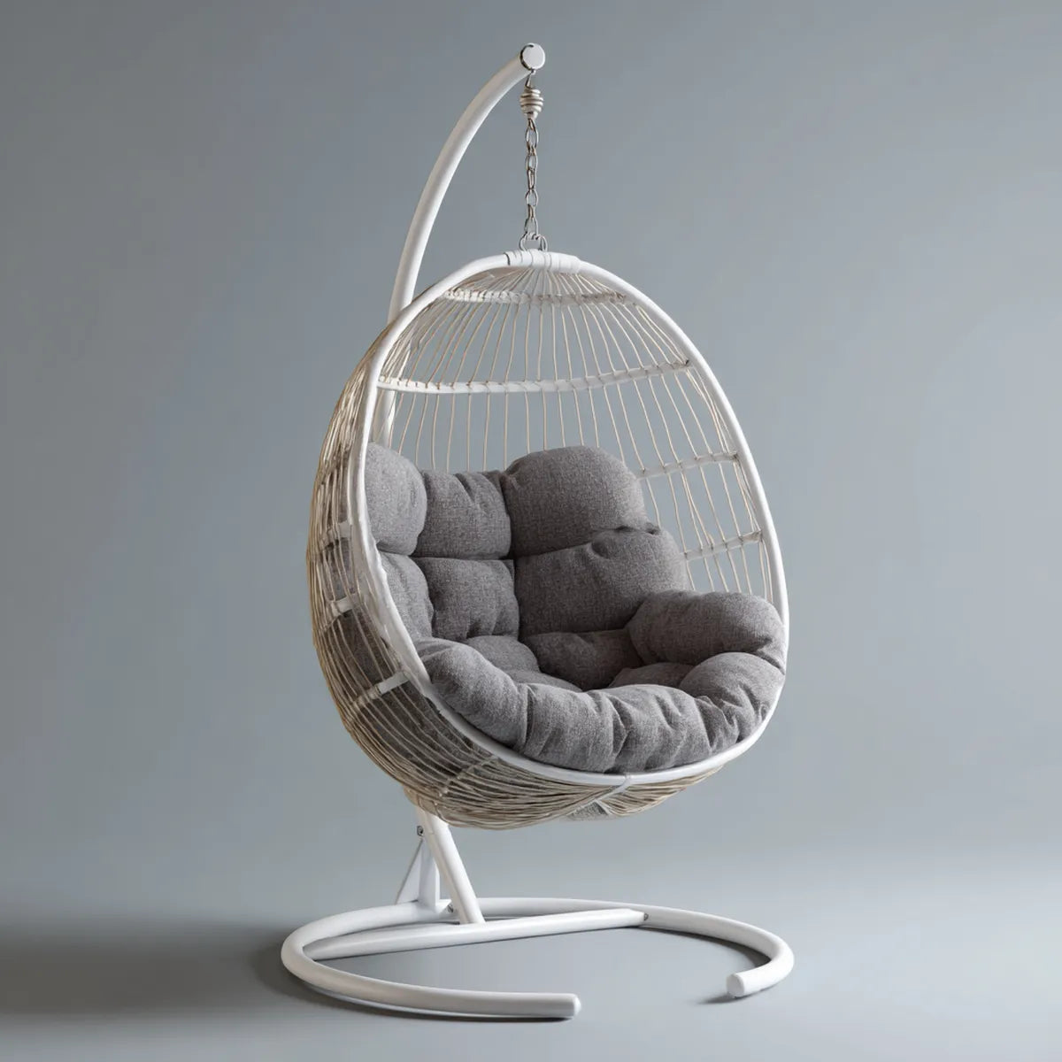 Hamak lub fotel wiszący, Jajko na stopach białej i szarej stali i syntetyczny rattan 105 x 105 x 195 cm