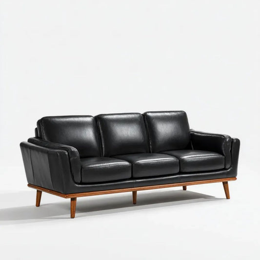 Sofa, 3-osobowa czarny sofa ze skóry syntetycznej z drewnianymi nóżkami, 210 x 88 x 84 cm