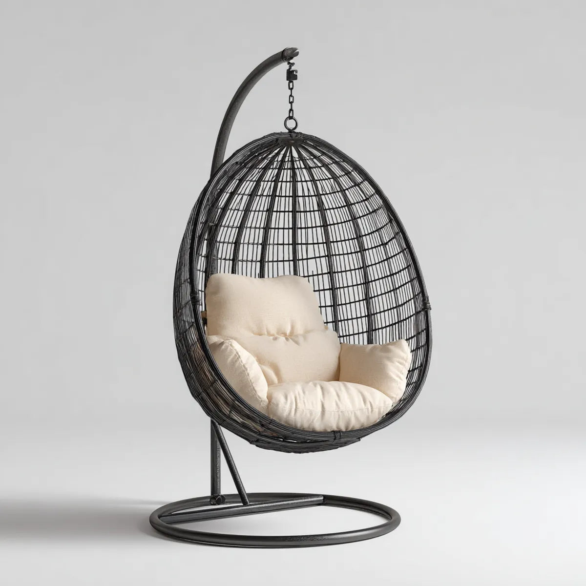 Hamak lub fotel wiszący, Wiszące krzesło z ramą Czarny krem 95 x 95 x 195 cm PE z tworzywa sztucznego warkocz Oval