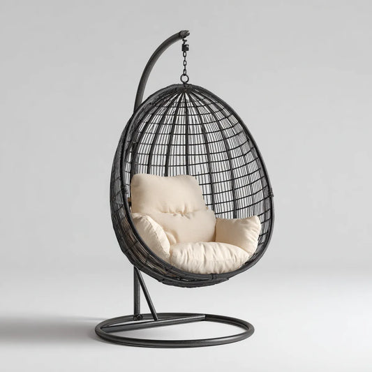 Hamak lub fotel wiszący, Wiszące krzesło z ramą Czarny krem 95 x 95 x 195 cm PE z tworzywa sztucznego warkocz Oval