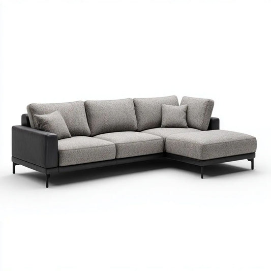Sofa, 4 fotela fotelikowa w poliestrze i PU szary china i czarny, 280 x 170 x 85 cm, szezlong w prawo