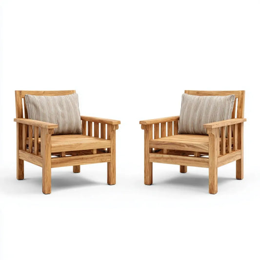 Fotel wypoczynkowy, Zestaw 2 krzesła salon ogrodowy w litej naturalnej akacji drewna z beżowymi poduszkami w paski 68 x 75 x 75 cm