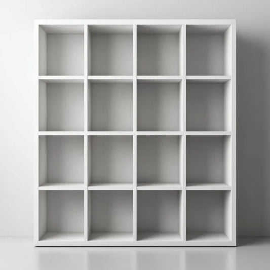 Regał, Biblioteka Biała z 16 pudełkami melaminowanych cząstek stałych, 120 x 30 x 120 cm
