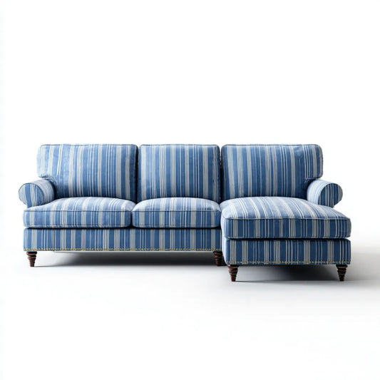 Sofa, 3-osobowa sofa w niebieskim paski poliester z bursztynowym meridianem 280 x 165 x 90 cm