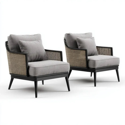 Fotel wypoczynkowy, Zestaw 2 czarno-szarych foteli ogrodowych z aluminium rattanowego i poliestru 76 x 75 x 78 cm