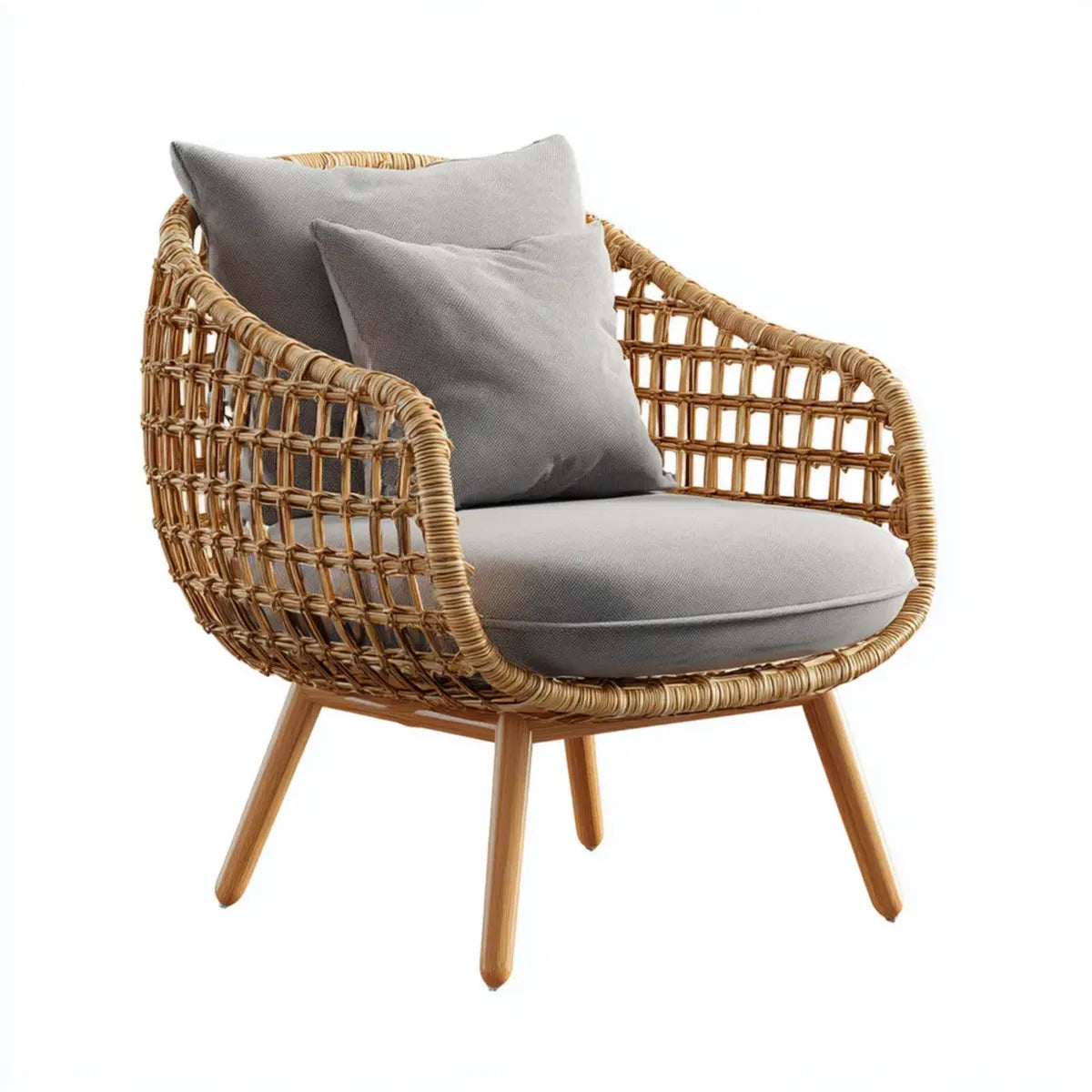 Fotel wypoczynkowy, Naturalny brązowy rattan ogród lounge fotel z szarymi owalnymi poduszkami 78 x 76 x 82 cm
